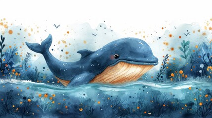 Cute whale watercolor illustration. Watercolor painting of whale. Clip art composition of humpback whale with flowers in the sea. - obrazy, fototapety, plakaty