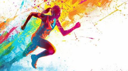 Watercolor abstract illustration, athletic woman runs doing sports on a white background.  Explosion of watercolor colored paint.