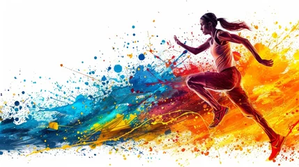 Foto op Canvas Watercolor abstract illustration, athletic woman runs doing sports on a white background.  Explosion of watercolor colored paint. © nataliia_ptashka