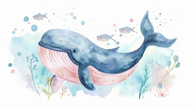 Cute whale watercolor illustration. Watercolor painting of whale. Clip art composition of humpback whale with flowers in the sea.