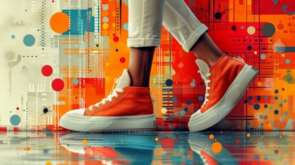 Abstract image featuring legs in sneakers. Pop up art style, retro background. Splash, dynamic and modern representation of footwear fashion - obrazy, fototapety, plakaty