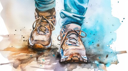 Watercolor abstract image featuring legs in sneakers. - Powered by Adobe