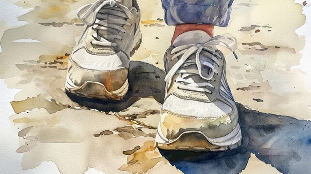 Watercolor abstract image featuring legs in sneakers.