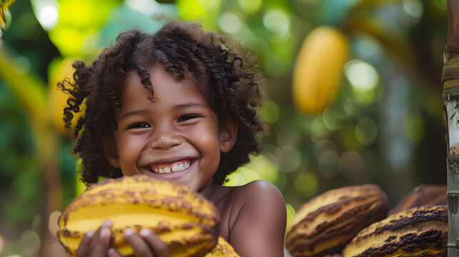 Doçura Pura: Criança Feliz e Frutas de Cacau Celebrando o Dia do Cacau