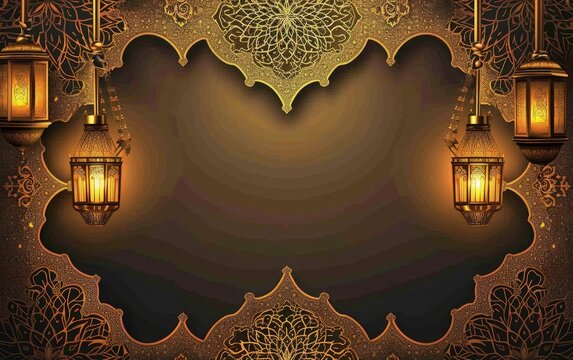 eid mubarak greeting card background, gold paper and gold mandala with ramadam lantarn 