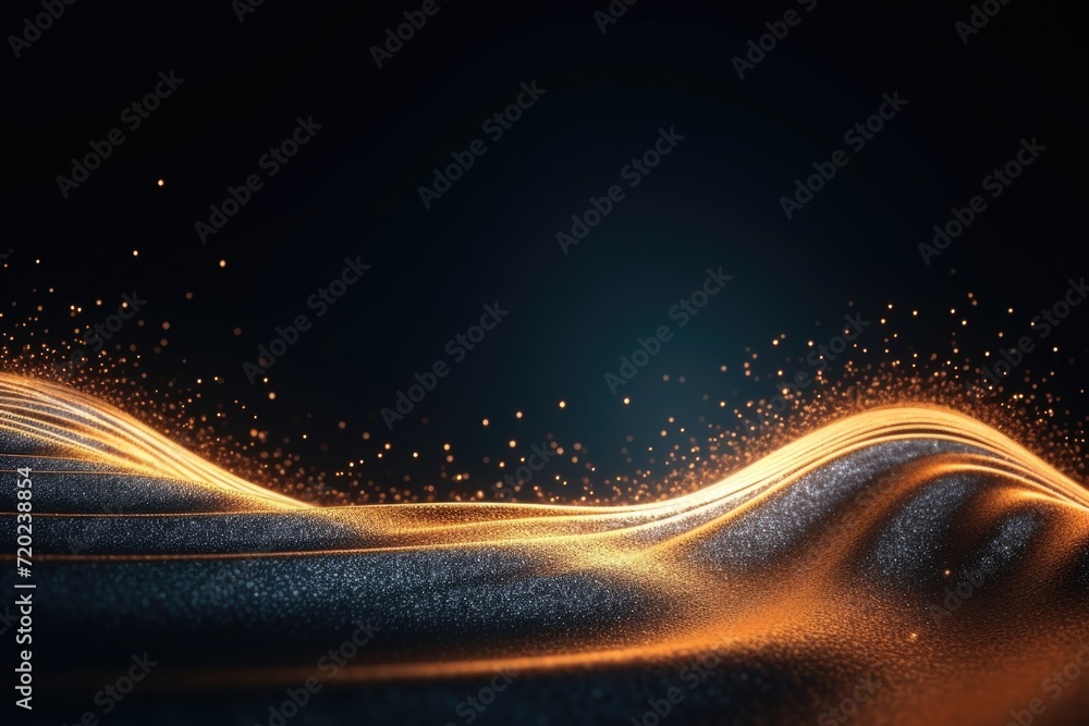 Poster dynamic wave of particles in glowing wavy background