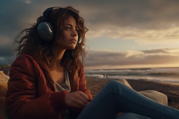 Obraz premium Woman in warm clothes listening to music on beach in Spain.