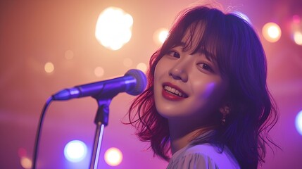 A beautiful korean female K-pop idol who is smiling while performing on a lovely and vivid stage. generative AI - obrazy, fototapety, plakaty