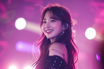 A beautiful korean female K-pop idol who is smiling while performing on a lovely and vivid stage. generative AI - obrazy, fototapety, plakaty