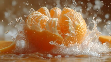 Fresh tangerine splashing in water on a wooden surface. vibrant colors, close-up shot for advertising. citrus freshness captured. a dynamic and refreshing image perfect for health themes. AI