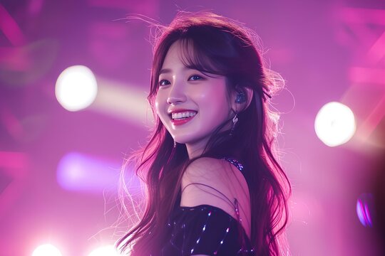 A beautiful korean female K-pop idol who is smiling while performing on a lovely and vivid stage. generative AI