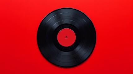 Fototapeta premium Black Vinyl Record on red background. Image of a Long Play. Sound tracks on a vinyl record