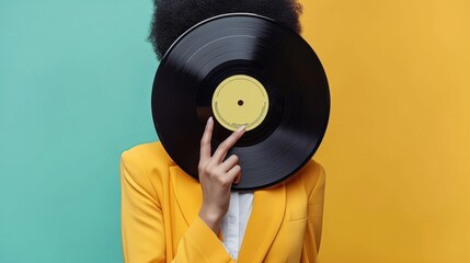 Obraz premium Person holding vinyl record in front of face. Image of a Long Play. Sound tracks on a vinyl record