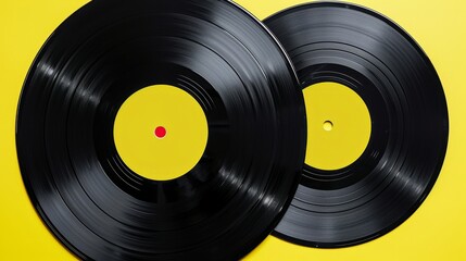 Black Vinyl Record on yellow background. Image of a Long Play. Sound tracks on a vinyl record
