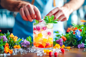 Bartender artfully prepares non-alcoholic, healthy, and refreshing drink, adorned with fresh mint...