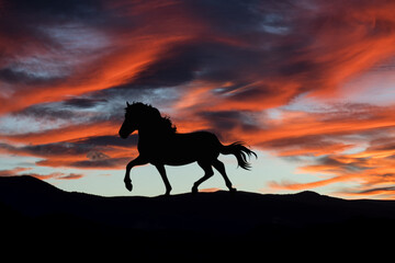 Silhouette of a horse running through the landscape at sunset. Nature with robins.