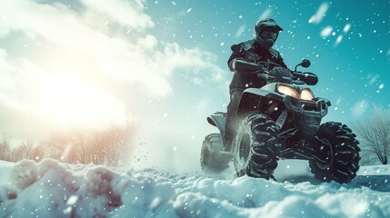 A man riding through the snow in winter on an ATV, a motorcycle ride on a four-wheeled bike
