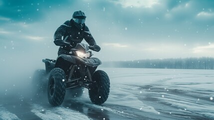 A man riding through the snow in winter on an ATV, a motorcycle ride on a four-wheeled bike