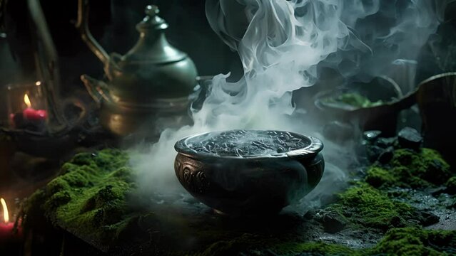 The smoke rising from the cauldron takes on eerie shapes, foretelling the witchs next move in the realm of witchcraft.