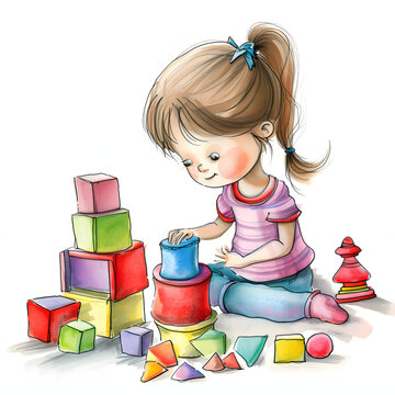 Child playing with simple homemade toys isolated on white background, hand drawn, png
