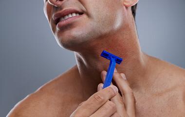 Person, shaving and beard or razor burn for hair removal or red rash, inflammation or grey...
