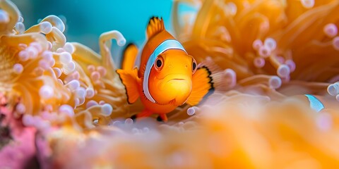 Vibrant orange clownfish nestled among sea anemones in a colorful underwater scene. perfect for aquatic design themes. AI - obrazy, fototapety, plakaty