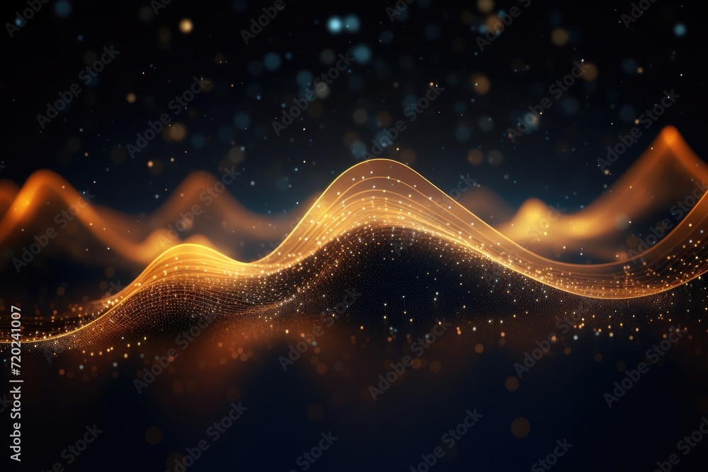 Poster dynamic digital wave background with dots and particles.