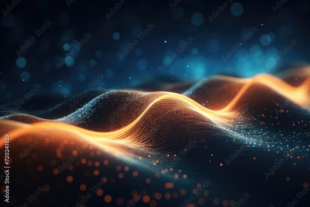 Poster dynamic digital wave background with dots and particles.