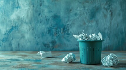 An overflowing teal trash can with crumpled paper against a blue textured backdrop