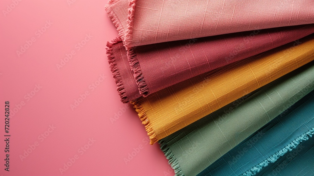 Poster neat stack of vibrant textile fabrics with fringed edges
