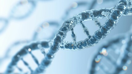 Close-up of a DNA double helix structure with a scientific blue background