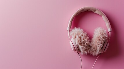 Soft, fluffy pink headphones on a pastel pink background - obrazy, fototapety, plakaty
