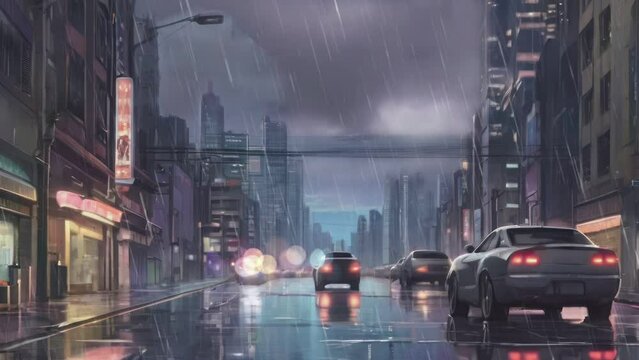 Street city in the rainy night with many cars on the asphalt