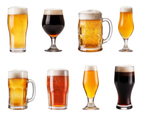 Set of various full beer glasses isolated on transparent background. Generative AI