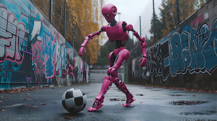Cinematic photograph of robot playing soccer AI. Smart robots. Future.