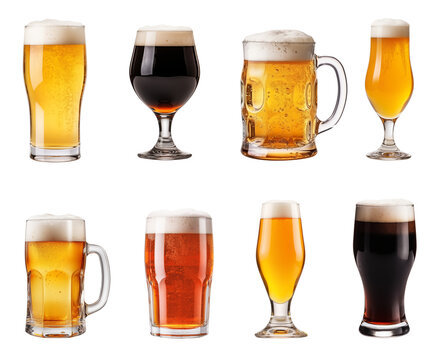 Set of various full beer glasses isolated on transparent background. Generative AI