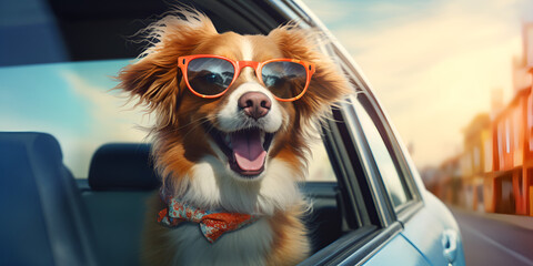 Portrait of a funny dog Jack Russell Terrier driving a car with sunglasses