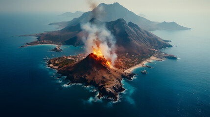 Volcano mountain eruption lava, danger explosion crater.
