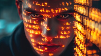 Light in the form of a digital code on the face of a programmer - obrazy, fototapety, plakaty