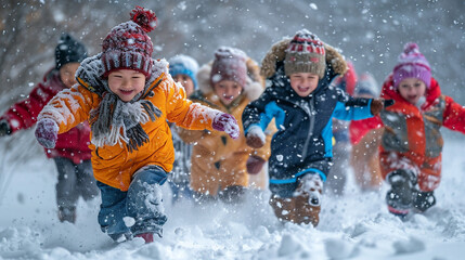 happy Children playing in the snow on a winter day