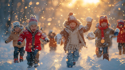 happy Children playing in the snow on a winter day