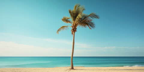 Palm on a sunny tropical sea shore under turquoise sky. Vacation concept. Generative AI