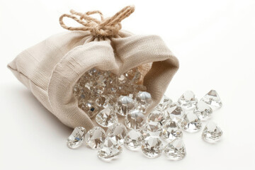 A linen pouch filled with sparkling diamonds on a white backdrop