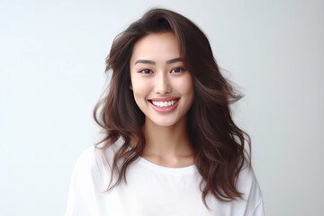 Fototapeta premium pretty Asian girl showcases flawless skin and flowing long hair in a striking photo, set against a pristine white background for a timeless and clean look. Generative AI.