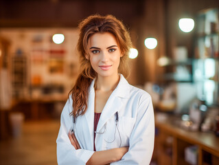 Portret pięknej kobiety lekarki uśmiechniętej, biały fartuch stetoskop i szpital w tle - obrazy, fototapety, plakaty