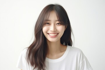 Fototapeta premium pretty Asian girl showcases flawless skin and flowing long hair in a striking photo, set against a pristine white background for a timeless and clean look. Generative AI.
