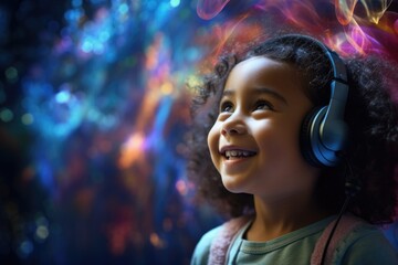 Child listening with colorful sound waves, hearing health concept.