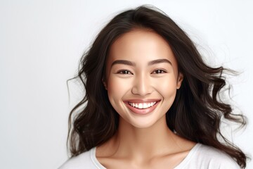 pretty Asian girl showcases flawless skin and flowing long hair in a striking photo, set against a pristine white background for a timeless and clean look. Generative AI.