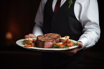waiter holding tray with meat, steak - Powered by Adobe
