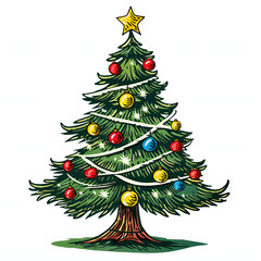 Decorated christmas tree isolated on white background, pop-art, png
